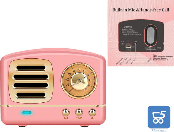 Speaker Bluetooth portatile Vintage HM11 Super Bass USB Aux MicroSD Batteria 400Mah - ROSA