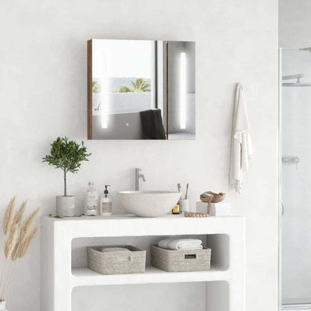 Specchiera-Bagno-con-Luci-LED-Regolabili,-2-Ante-e-Mensola-Regolabile,-70x15x65cm,-Marrone-YH9834-442YH9