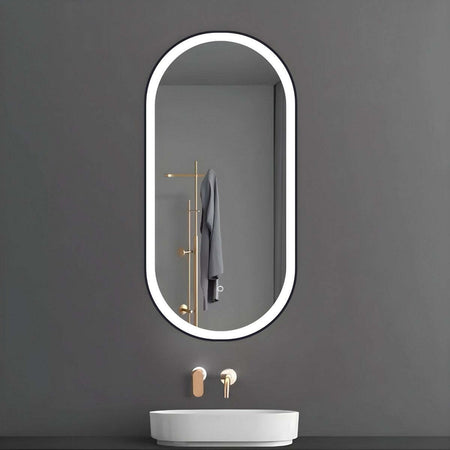 Specchio-5-Mm-Ovale-Cornice-Nera-Retroilluminato-Led-Interruttore-Touch-Bagno