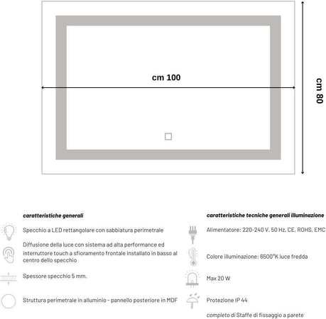 Specchio-5-mm-Rettangolare-Squadrato-Cornice-Led-Interruttore-Touch-MDF