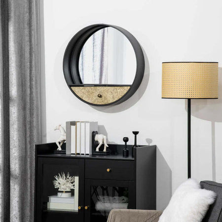 Specchio-da-Parete-Rotondo-da-Ø61cm-con-Cassetto-e-Cornice-in-Metallo-Nero-UJ6830-474UJ6