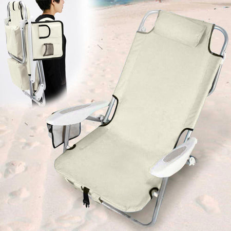 Spiaggina-Pieghevole-Sedia-Spiaggia-Alluminio-con-Borsa-Termica-e-Spallacci-Beig