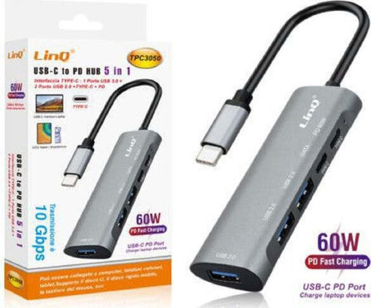 Splitter-Hub-Type-c-Tpc3050-10-Gbps-Ricarica-Dati-Rapida-5in1-Usb-3.0-2.0-Pd-60w