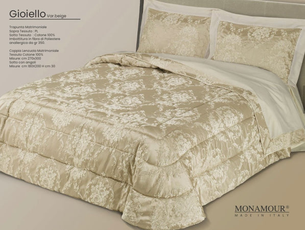 Trapunta matrimoniale art.Gioiello colore beige Mon Amour imbottitura in fibra poliestere anallergica da gr.350 Sopra tessuto: PL sotto tessuto: cotone 100%
