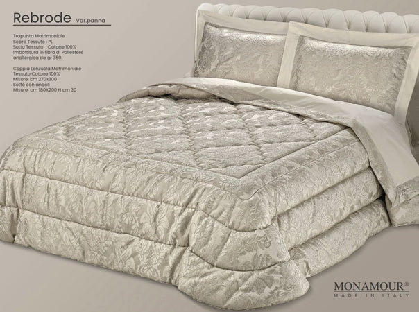 Trapunta matrimoniale art.Rebrode colore panna Mon Amour imbottitura in fibra poliestere anallergica da gr.350 Sopra tessuto: PL sotto tessuto: cotone 100%