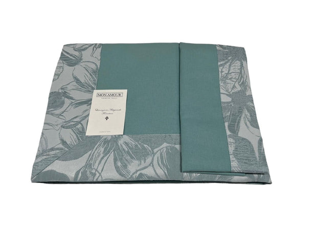 Completo lenzuola matrimoniale Jacquard Mon Amour art. Firenze colore tiffany lenzuolo sopra misure: cm 270×300 sotto con angoli misure cm 180x200 h cm 30