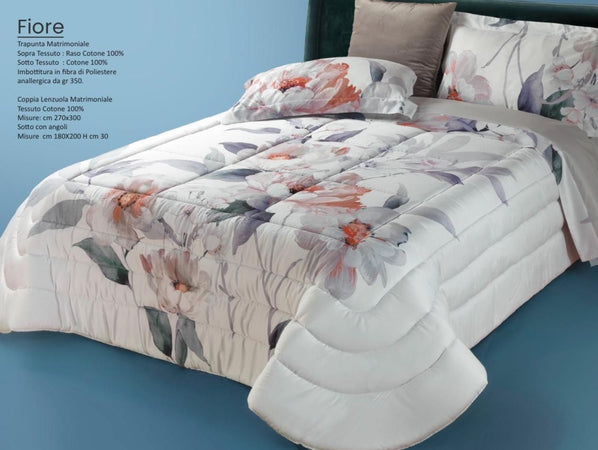 Trapunta matrimoniale art.Fiore Mon Amour imbottitura in fibra poliestere anallergica da gr.350 Sopra tessuto: PL sotto tessuto: cotone 100%