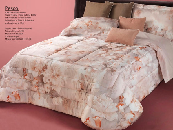 Trapunta matrimoniale art.Pesco Mon Amour imbottitura in fibra poliestere anallergica da gr.350 Sopra tessuto: PL sotto tessuto: cotone 100%