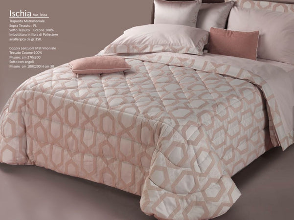 Trapunta matrimoniale art.Ischia colore rosa Mon Amour imbottitura in fibra poliestere anallergica da gr.350 Sopra tessuto: PL sotto tessuto: cotone 100%