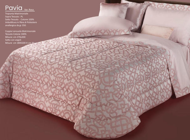 Trapunta matrimoniale art.Pavia colore rosa Mon Amour imbottitura in fibra poliestere anallergica da gr.350 Sopra tessuto: PL sotto tessuto: cotone 100%