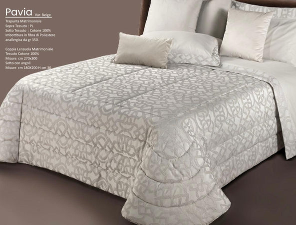 Trapunta matrimoniale art.Pavia colore beige Mon Amour imbottitura in fibra poliestere anallergica da gr.350 Sopra tessuto: PL sotto tessuto: cotone 100%