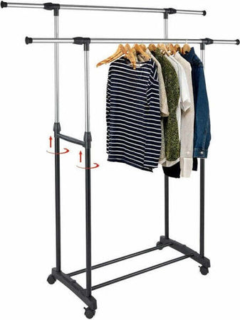 Stand-Appendiabiti-Da-Terra-Doppio-Con-Ruote-Aste-Telescopiche-Regolabile-Abiti