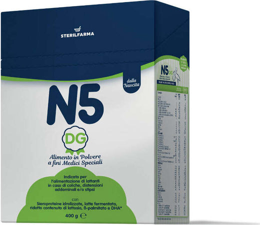 STERILFARMA N5 DG 400gr Latte in Polvere N5 DG è un Alimento in polvere ai Fini Medici Speciali Lattanti da 0 a 12 mesi Specifico Per Coliche Distensioni Addominali e Stipsi. Latte in Polvere Sanitaria Gioia del Bimbo - Villa San Giovanni, Commerciovirtuoso.it
