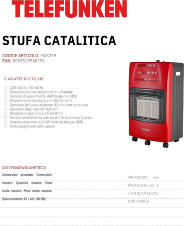 Stufa-A-Gas-Pieghevole,Infrarossi,Accensione-Piezoelettrica,Adatta-Per-GPL/Butano/Propano,A-15-Kg,Sistema-ODS