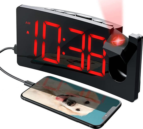 Sveglia digitale curved con Orologio, Allarme e proiezione ora sul soffitto 4 livelli di luminosità e 3 tonalità di allarme - Led Rosso Uscita Usb per ricarica Smartphone