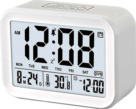 Sveglia orologio digitale lcd luminoso da tavolo con calendario e temperatura colore bianco audio parlante in lingua Inglese