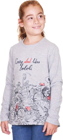 T-Shirt Bambina Grigia Stampata Maniche Lunghe in Cotone maglia Girocollo Grigio Bimba Stampa Multi Color t-shirt bambina Piccole Canaglie - Tropea, Commerciovirtuoso.it