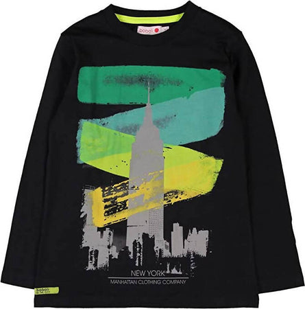 T-Shirt Bimbo Nera Stampata New York Grattaceli Multi Color Maglia Maniche Lunghe Bambino 100% Cotone Girocollo Colorata Maglietta con Bottoni t-shirt bambino Piccole Canaglie - Tropea, Commerciovirtuoso.it