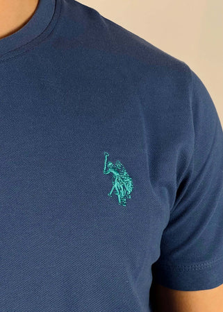 T-shirt-bren-blu-avio-con-logo-azzurro-nido-d'ape