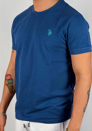 T-shirt-bren-blu-avio-con-logo-azzurro-nido-d'ape