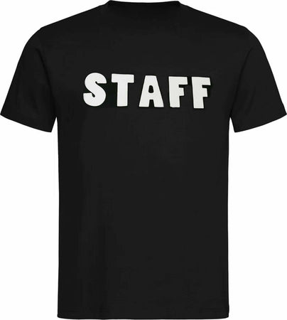 T-shirt Staff Nera Unisex Girocollo Maglia Staff Maniche Corte Tinta Unita Scritta Sul Retro 021 Sport e tempo libero/Fan Shop/Abbigliamento/T-Shirt Il Distintivo - Pesaro, Commerciovirtuoso.it