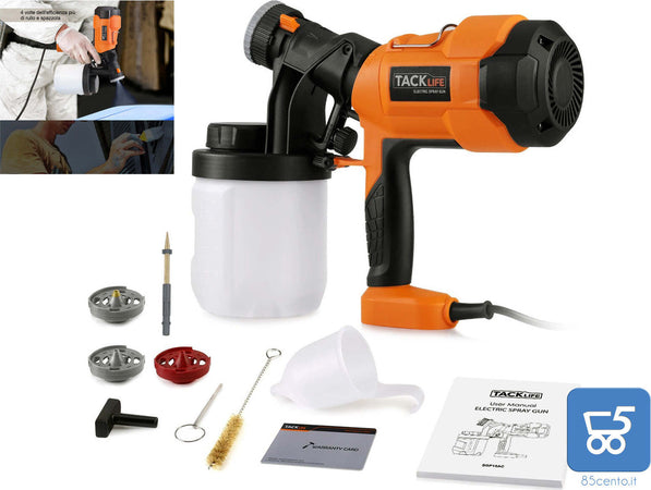 TACKLIFE SGP15AC 500W Pistola a Spruzzo, Pistola per Vernice Elettrica con Flusso Massimo di 800ml/min, 3 Modalità e 4 Ugelli per Spruzzatura, Pistola per Verniciatura HVLP con Contenitore da 900ml