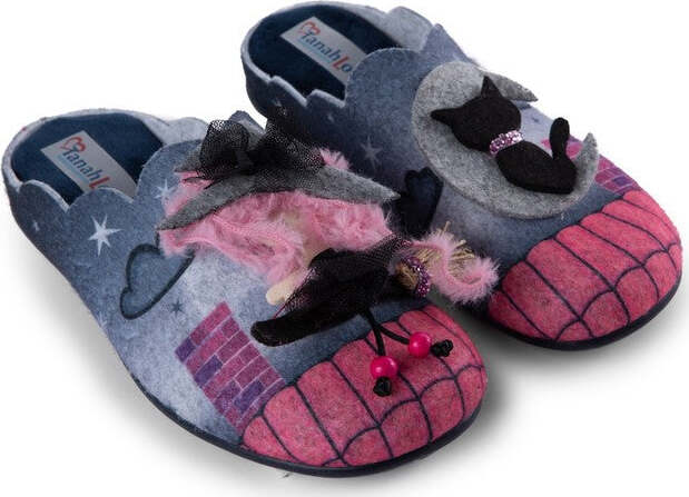 TanahLot-pantofole-ciabatte-donna-in-feltro-grigio-e-fuxia-con-applicazioni-Strega-e-Gatto
