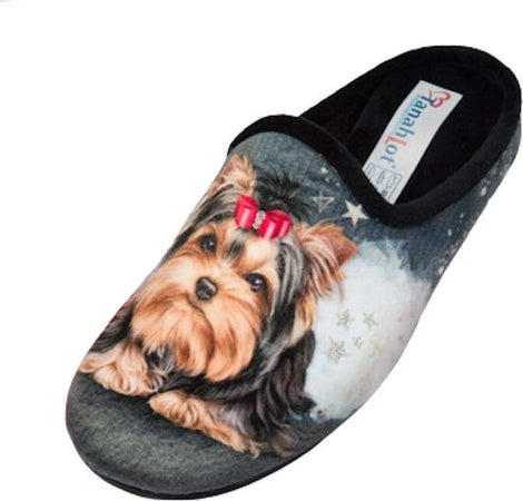 TanahLot-pantofole-ciabatte-donna-stampa-cagnolino-con-fiocco-glitter-in-tessuto-morbido