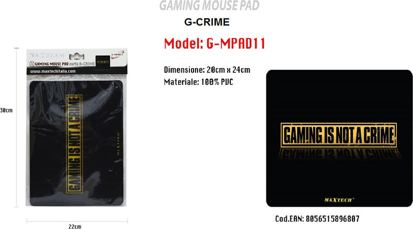 Tappetino Mouse Pad Antiscivolo Gaming G-crime Con Scritta Scrivania Pc Maxtech G-mpad11 Informatica e Videogiochi > Accessori PC > Mouse e Tastiere PC Trade Shop italia - Napoli, Commerciovirtuoso.it