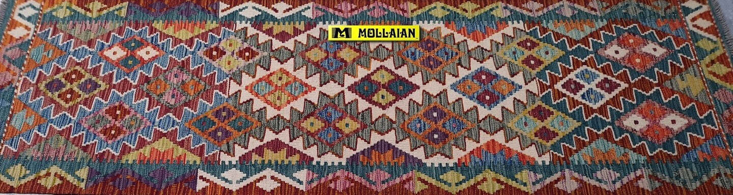 Tappeto-Passatoia-Kilim-Kaudani-Melange-202x66cm-Afgano-Nuovo-Tappeto-Runner-Lana,-Colori-Vegetali-Melange,-Disegno-Moderno,-Double-Face