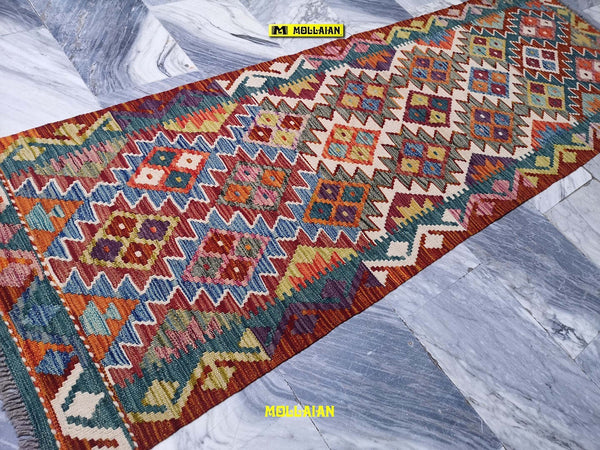 Tappeto-Passatoia-Kilim-Kaudani-Melange-202x66cm-Afgano-Nuovo-Tappeto-Runner-Lana,-Colori-Vegetali-Melange,-Disegno-Moderno,-Double-Face