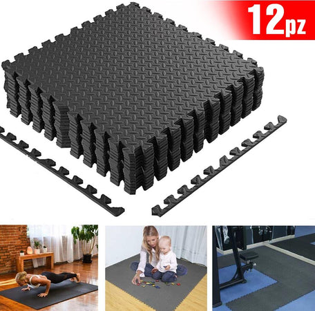 Tappeto-Puzzle-Tappetino-Fitness-Palestra-Multiuso-Schiuma-EVA-12pz-60x60cm-Nero