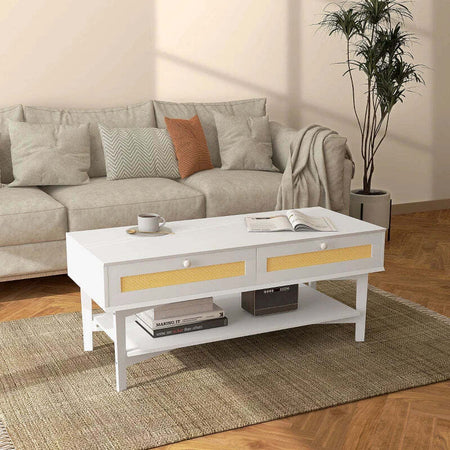 Tavolino-da-Caffè-Boho-con-2-Cassetti-e-Ripiano,-in-Rattan-e-Truciolato,-120x50x50-cm,-Bianco-e-color-Legno-XF6839-931V01WTXF6