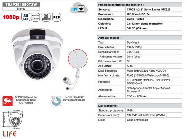 Telecamera dome 2mpx ip 1080p ip66 l.varifocal 2,8~12mm, icr, 36led, cmos 1/2,8" sony exmor imx222, onvif, osd, colore bianco