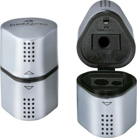 Temperamatite Grip 2001 con contenitore - 3 fori - silver - con doppio serbatoio - Faber Castell Cancelleria e prodotti per ufficio/Penne matite scrittura e correzione/Temperamatite Eurocartuccia - Pavullo, Commerciovirtuoso.it