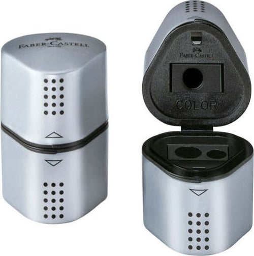 Temperamatite Grip 2001 con contenitore - 3 fori - silver - con doppio serbatoio - Faber Castell Cancelleria e prodotti per ufficio/Penne matite scrittura e correzione/Temperamatite Eurocartuccia - Pavullo, Commerciovirtuoso.it