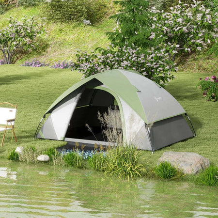Tenda-da-Campeggio-3-Posti-con-Finestra-a-Rete,-in-Poliestere,-Fibra-di-Vetro-e-PE,-210x150x110-cm,-Grigio-e-Verde-RJ2A20-407V00GNRJ2
