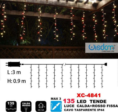 Tenda-Luminosa-Natalizia-135-Led-Luce-Calda+rosso-Fissa-Cavo-Trasparente-Xc-4841