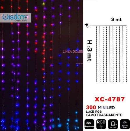 Tenda-Luminosa-Natalizia-300-Led-Luce-Rgb-Cavo-Trasparente-8-Giochi-Luce-Xc-4787