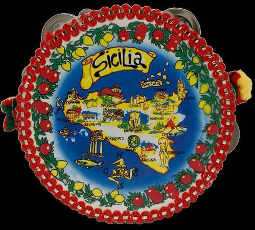 Tesori di sicilia tamburello in legno siciliano, prodotto realizzato a mano, tamburello con mappa sicilia decorato, prodotto tipico siciliano