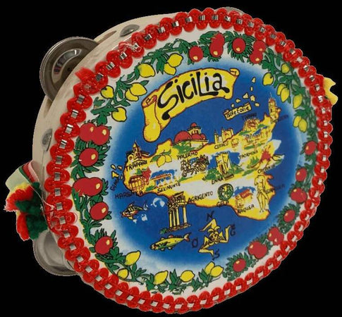 Tesori di sicilia tamburello in legno siciliano, prodotto realizzato a mano, tamburello con mappa sicilia decorato, prodotto tipico siciliano