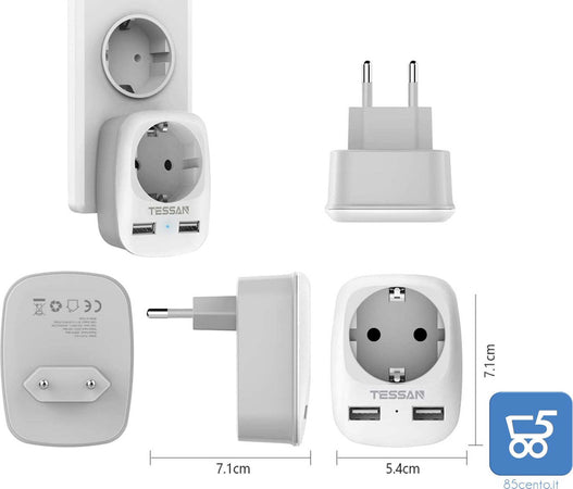 TESSAN adattatore da viaggio presa europea - tedesca con 2USB (2.4A), presa Schuko e spina europea