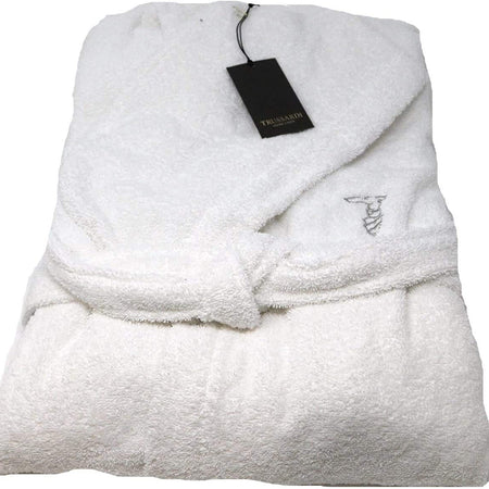 Accappatoio Ribbon Trussardi taglia XXL bianco, in spugna di cotone, con cappuccio, tasche e cintura, design elegante e sobrio, Made in Italy.