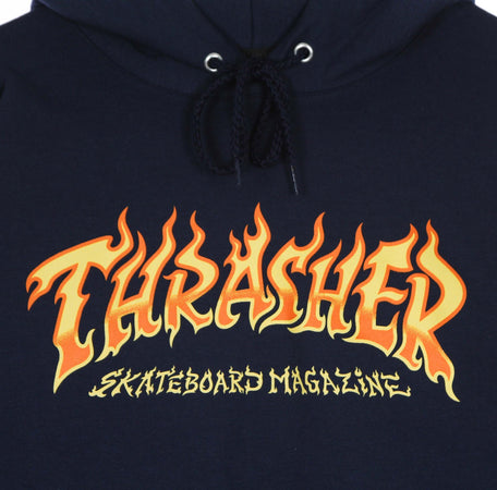 THRASHER-Felpa-Cappuccio-Uomo-Fire-Logo-Hood-Navy-da-uomo