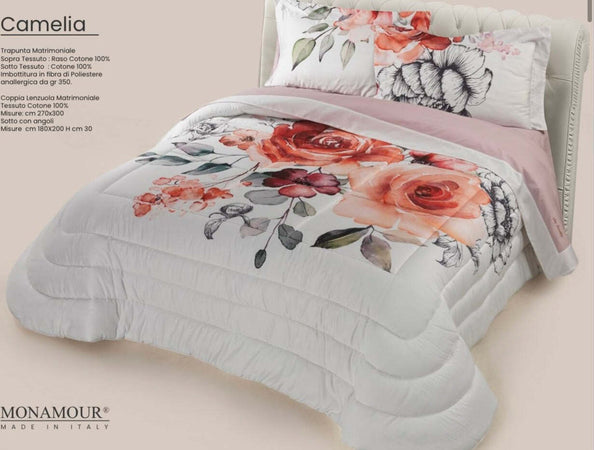 Trapunta matrimoniale art.Camelia tessuto sopra:Raso cotone 100% tessuto sotto: cotone 100% imbottitura in fibra di poliestere anallergica gr.350 Casa e cucina/Tessili per la casa/Biancheria da letto/Coperte e trapunte/Trapunte Biancheria Arredo Home - Nola, Commerciovirtuoso.it