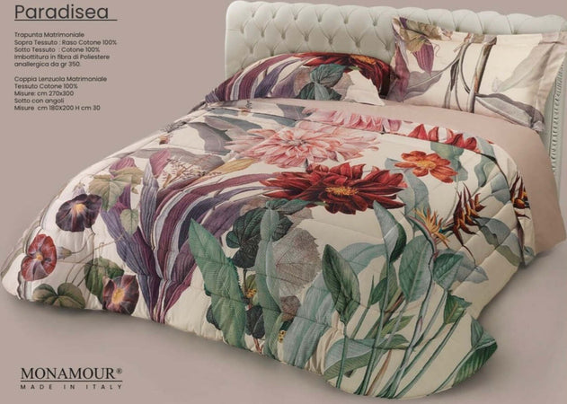 Trapunta matrimoniale art.Paradisea tessuto sopra:Raso cotone 100% tessuto sotto: cotone 100% imbottitura in fibra di poliestere anallergica gr.350 Casa e cucina/Tessili per la casa/Biancheria da letto/Coperte e trapunte/Trapunte Biancheria Arredo Home - Nola, Commerciovirtuoso.it