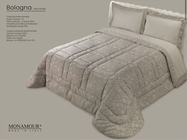 Trapunta matrimoniale invernale Mon Amour art. Bologna Sopra tessuto: PL Sotto tessuto: cotone 100% imbottitura in fibra di poliestere anallergica da gr.350 Casa e cucina/Tessili per la casa/Biancheria da letto/Coperte e trapunte/Trapunte Biancheria Arredo Home - Nola, Commerciovirtuoso.it