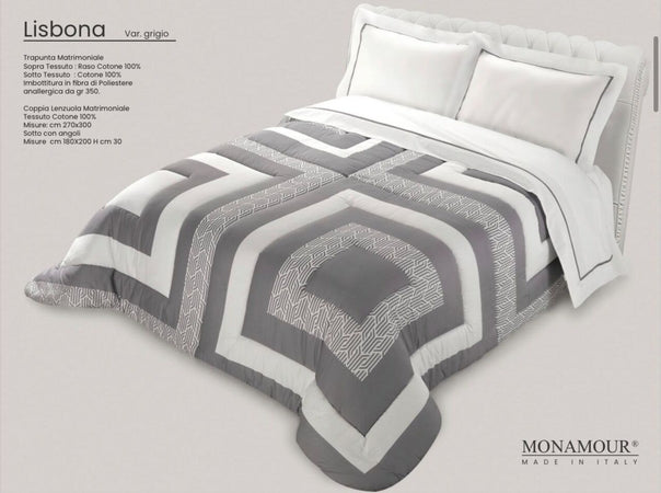 Trapunta matrimoniale invernale Mon Amour art. Lisbona Sopra tessuto: PL Sotto tessuto: cotone 100% imbottitura in fibra di poliestere anallergica da gr.350 Casa e cucina/Tessili per la casa/Biancheria da letto/Coperte e trapunte/Trapunte Biancheria Arredo Home - Nola, Commerciovirtuoso.it