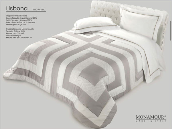 Trapunta matrimoniale invernale Mon Amour art. Lisbona Sopra tessuto: PL Sotto tessuto: cotone 100% imbottitura in fibra di poliestere anallergica da gr.350 Casa e cucina/Tessili per la casa/Biancheria da letto/Coperte e trapunte/Trapunte Biancheria Arredo Home - Nola, Commerciovirtuoso.it
