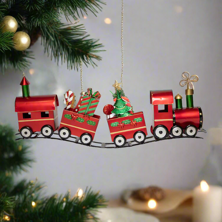 Treno decorativo in metallo con 3 vagoni decorazione natalizia per bambini